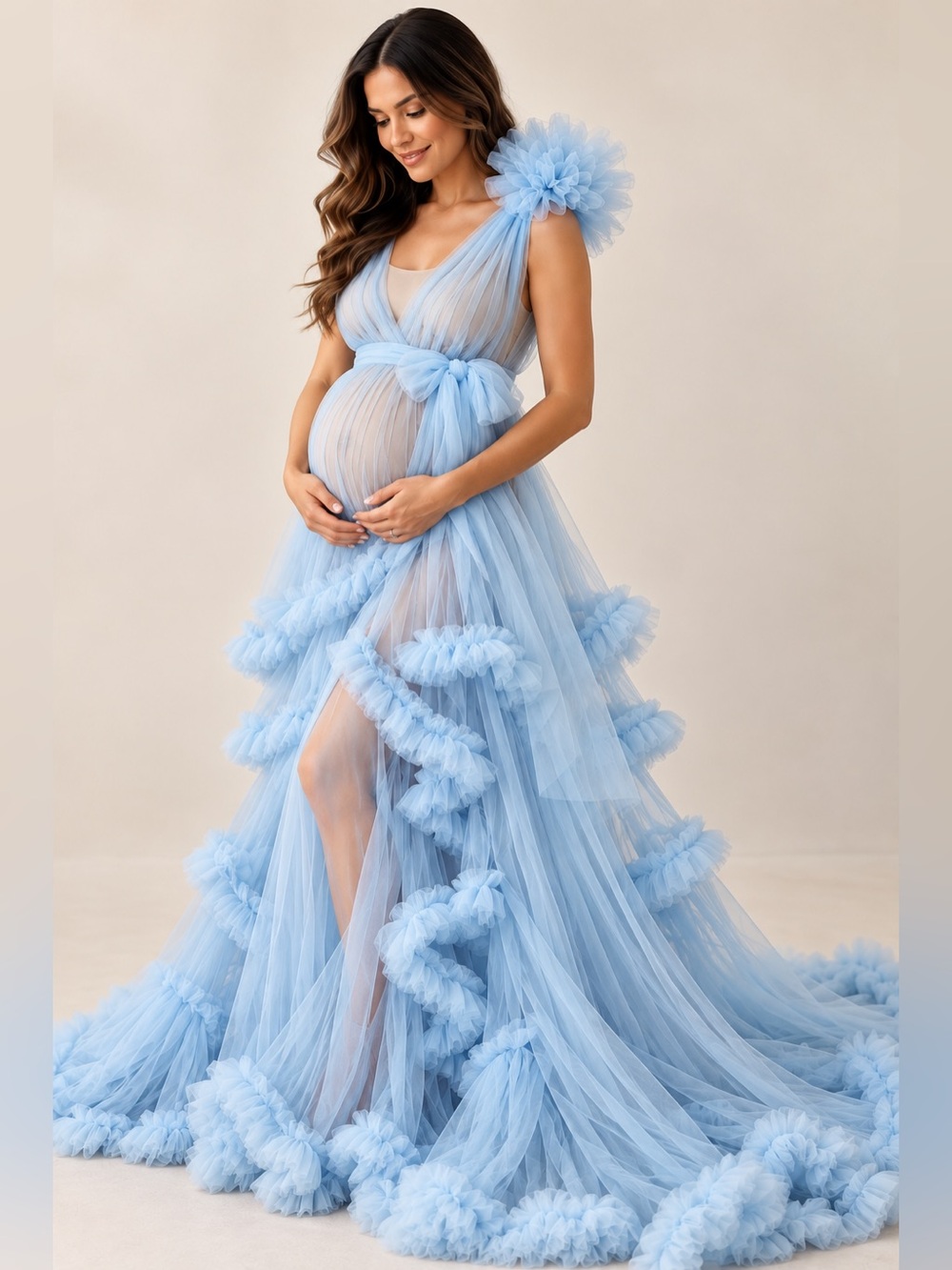 Light Blue Sheer Tulle Ruffle Photoshoot Gown with Train. NWOT